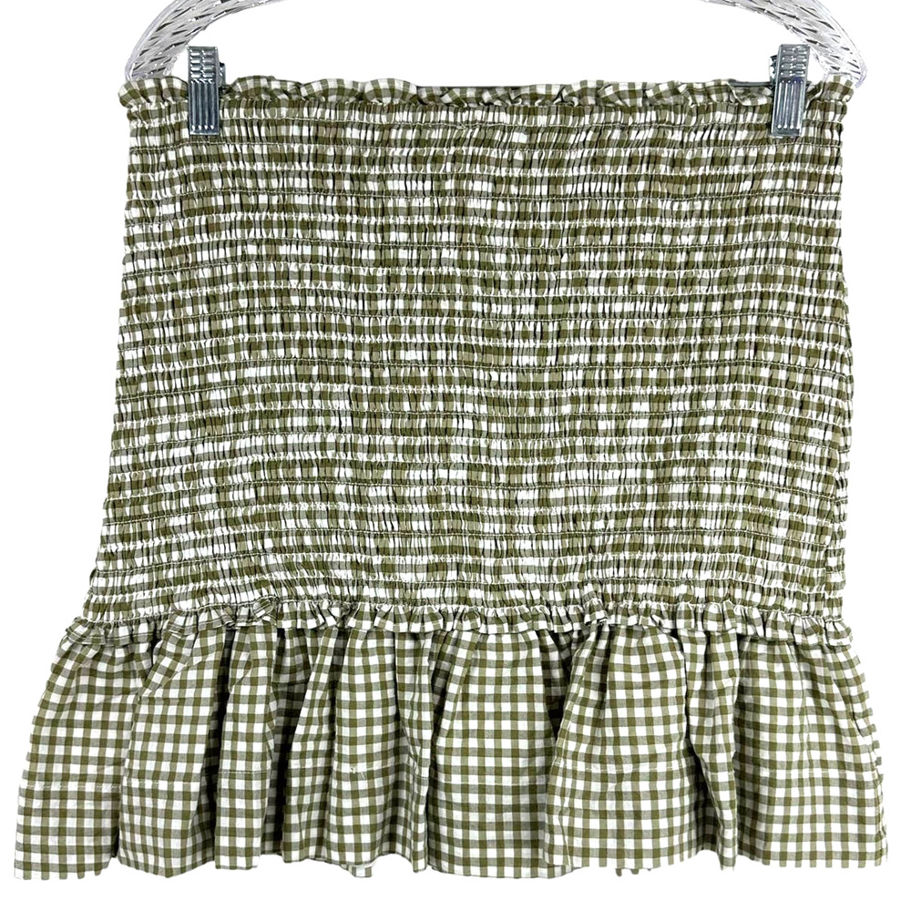 Veronica Beard NWT Aloya Smocked Cotton Mini Skirt Size XL Olive Gingham Ruffle - Picture 2 of 10